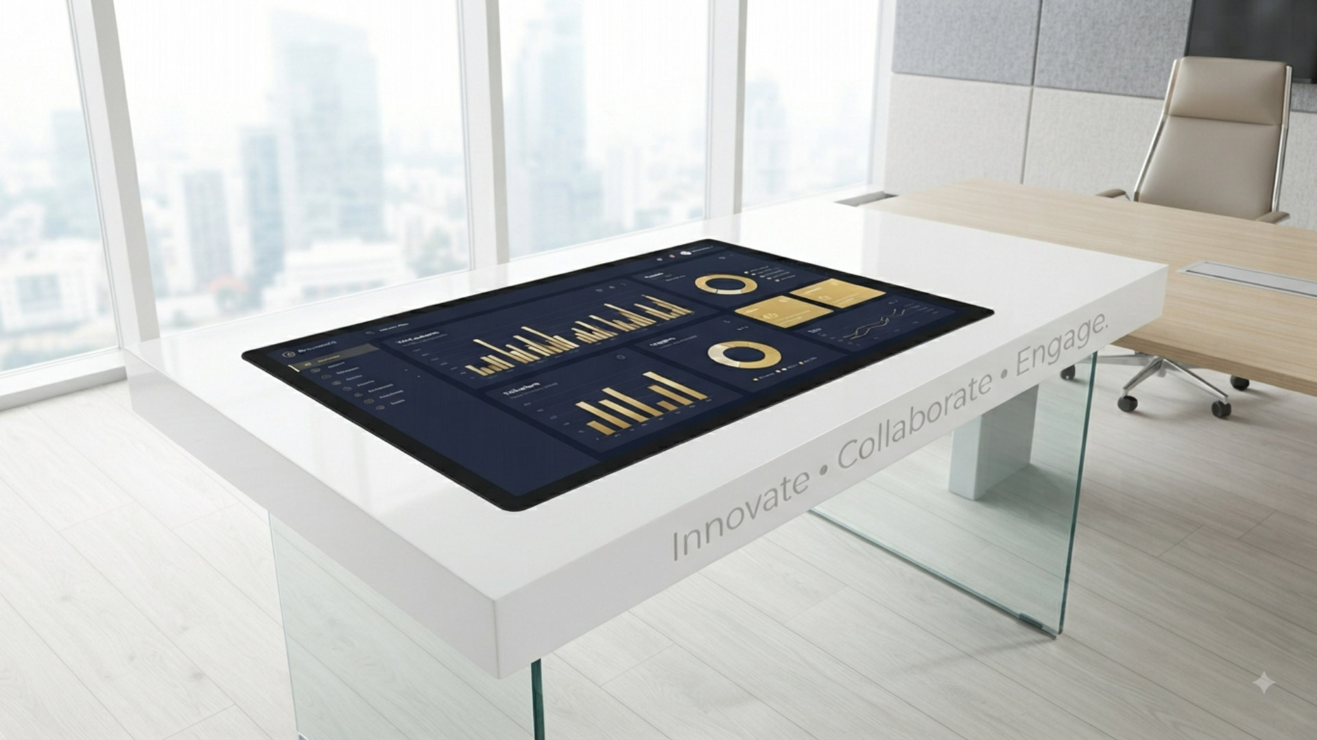 Interactive touch table displaying a business analytics dashboard