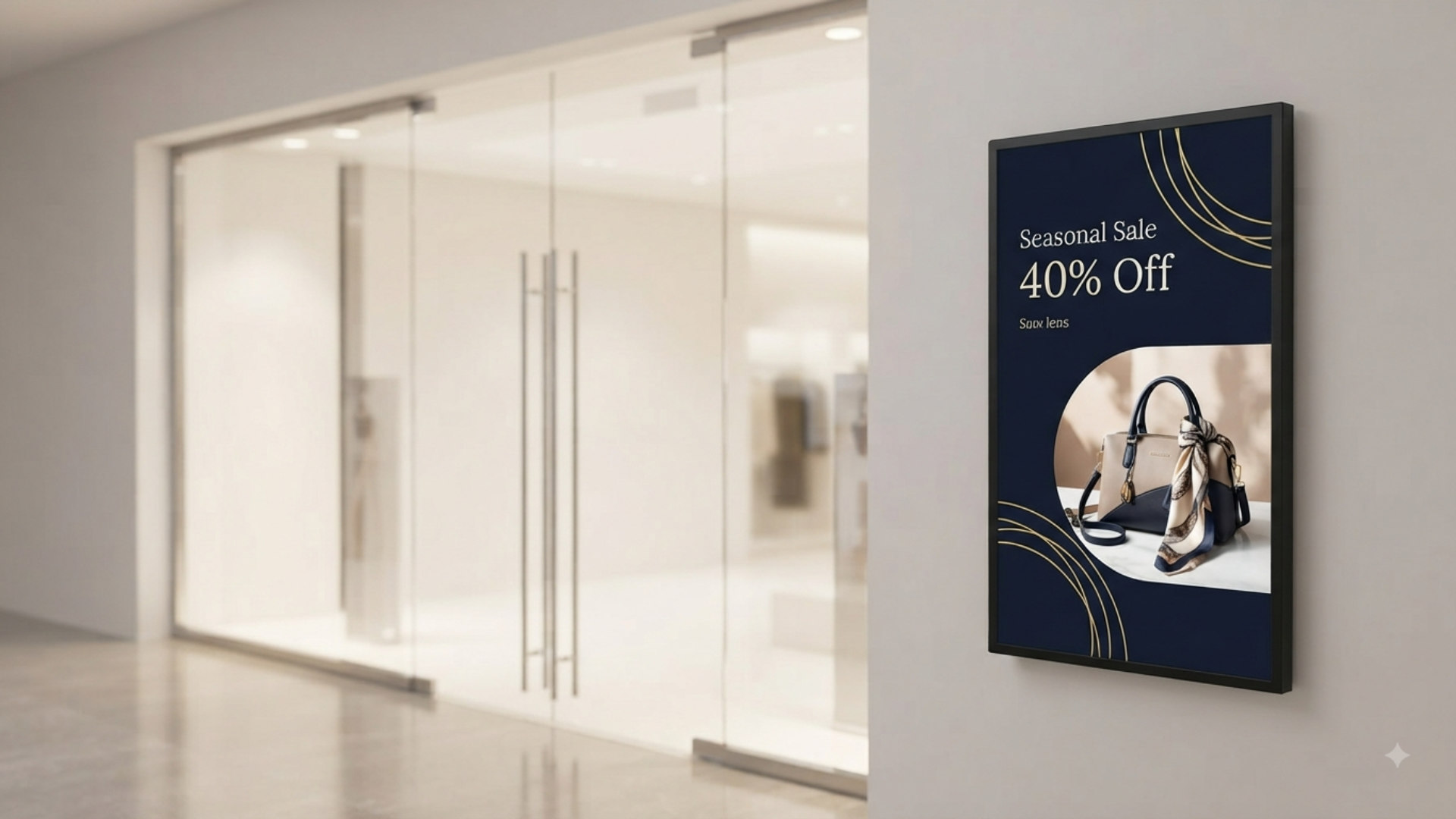 Wall-mounted digital signage showing a seasonal sale in a retail store