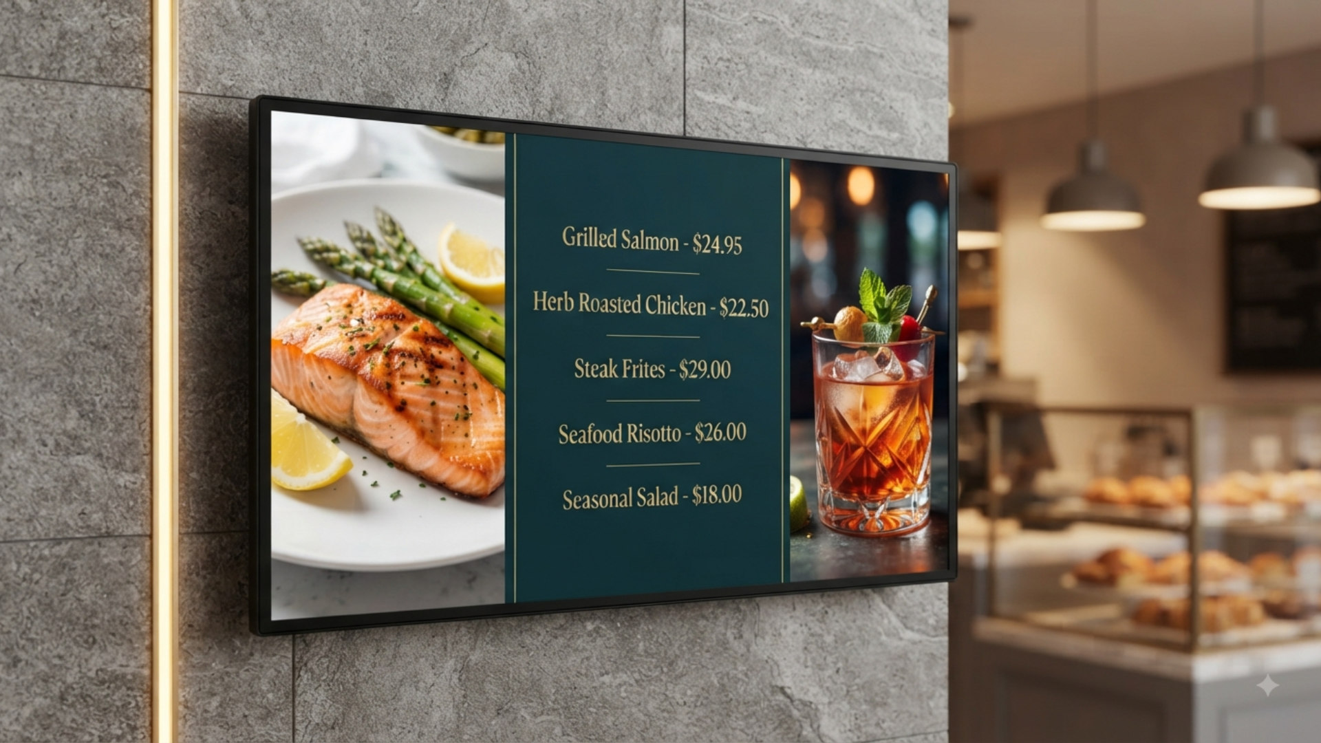 Wall-mounted digital menu board in a restaurant