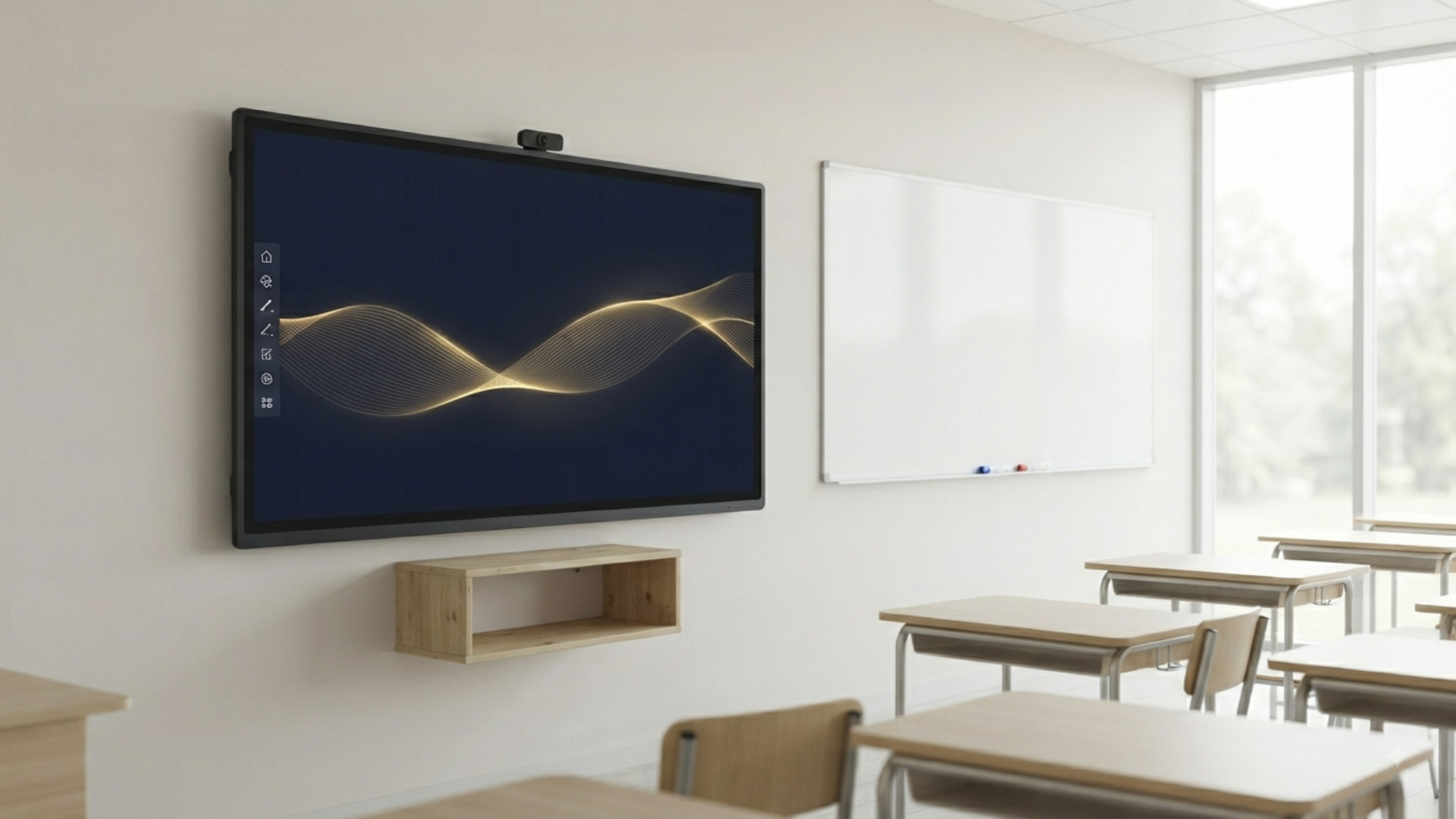 Interactive smart board mounted in a classroom