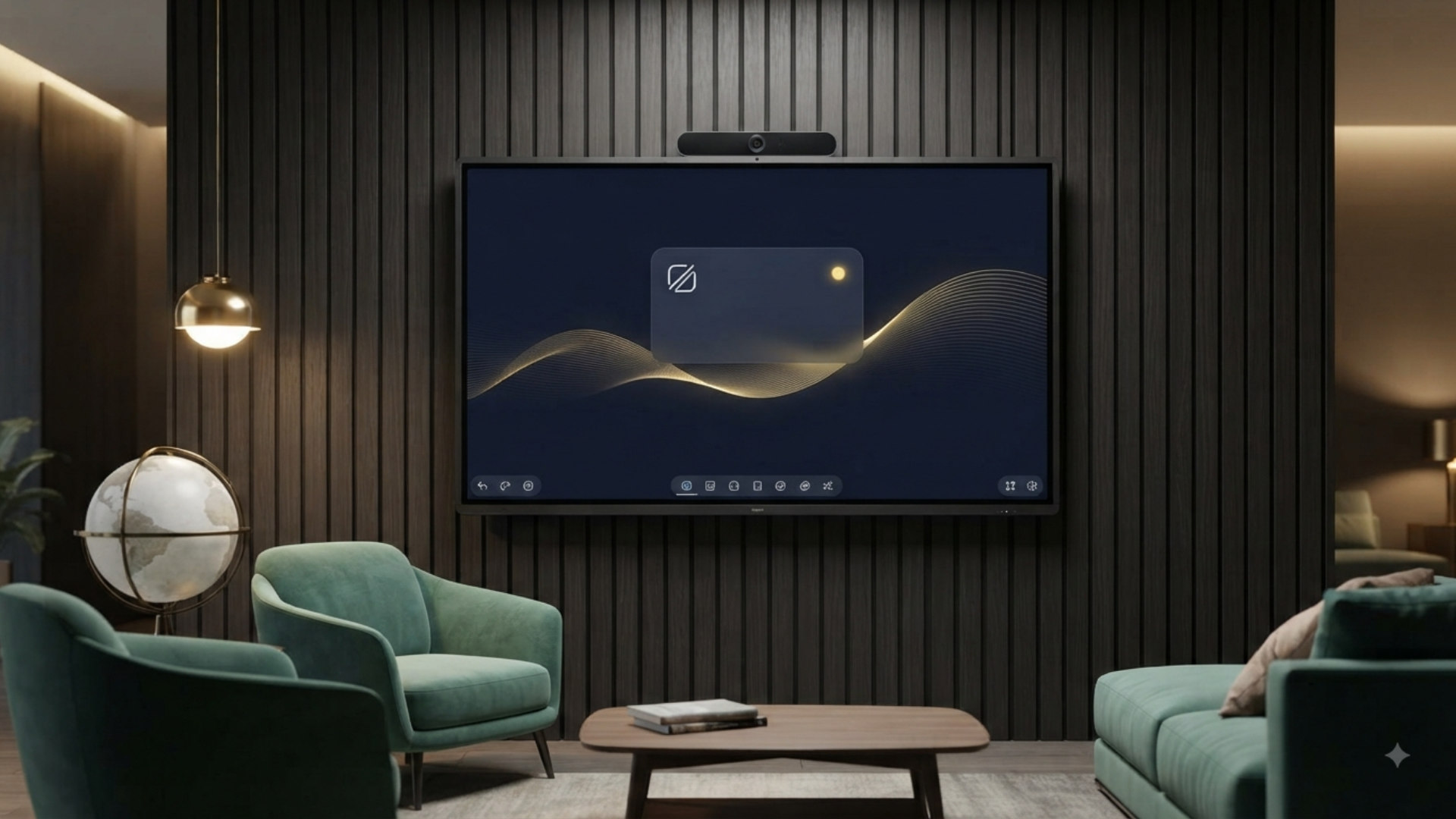 Interactive flat panel mounted in a lounge meeting space