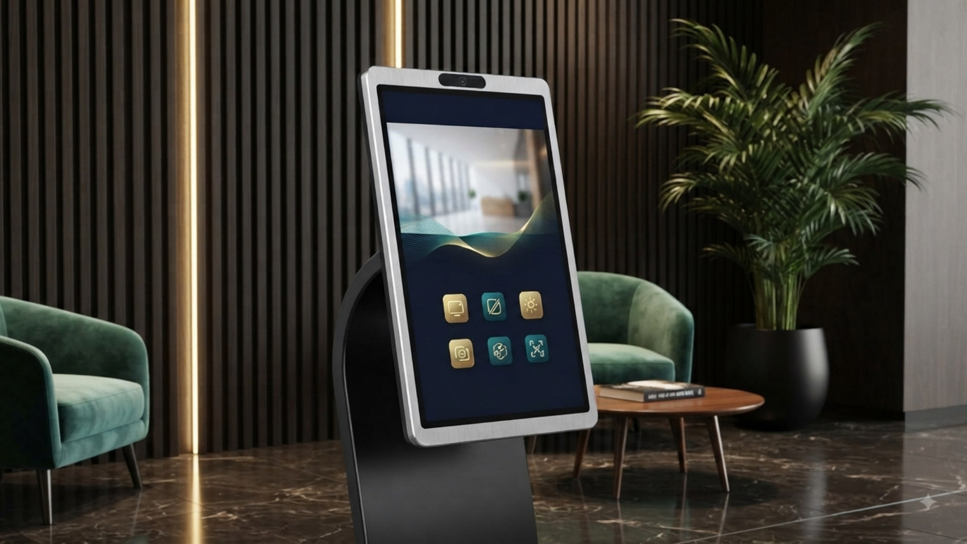 Self-service kiosk in a dark, upscale lobby