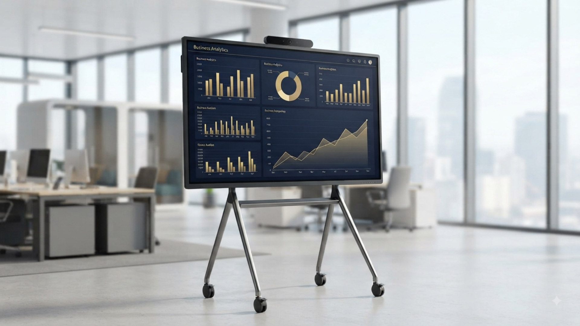 Portable interactive whiteboard on wheels in an office