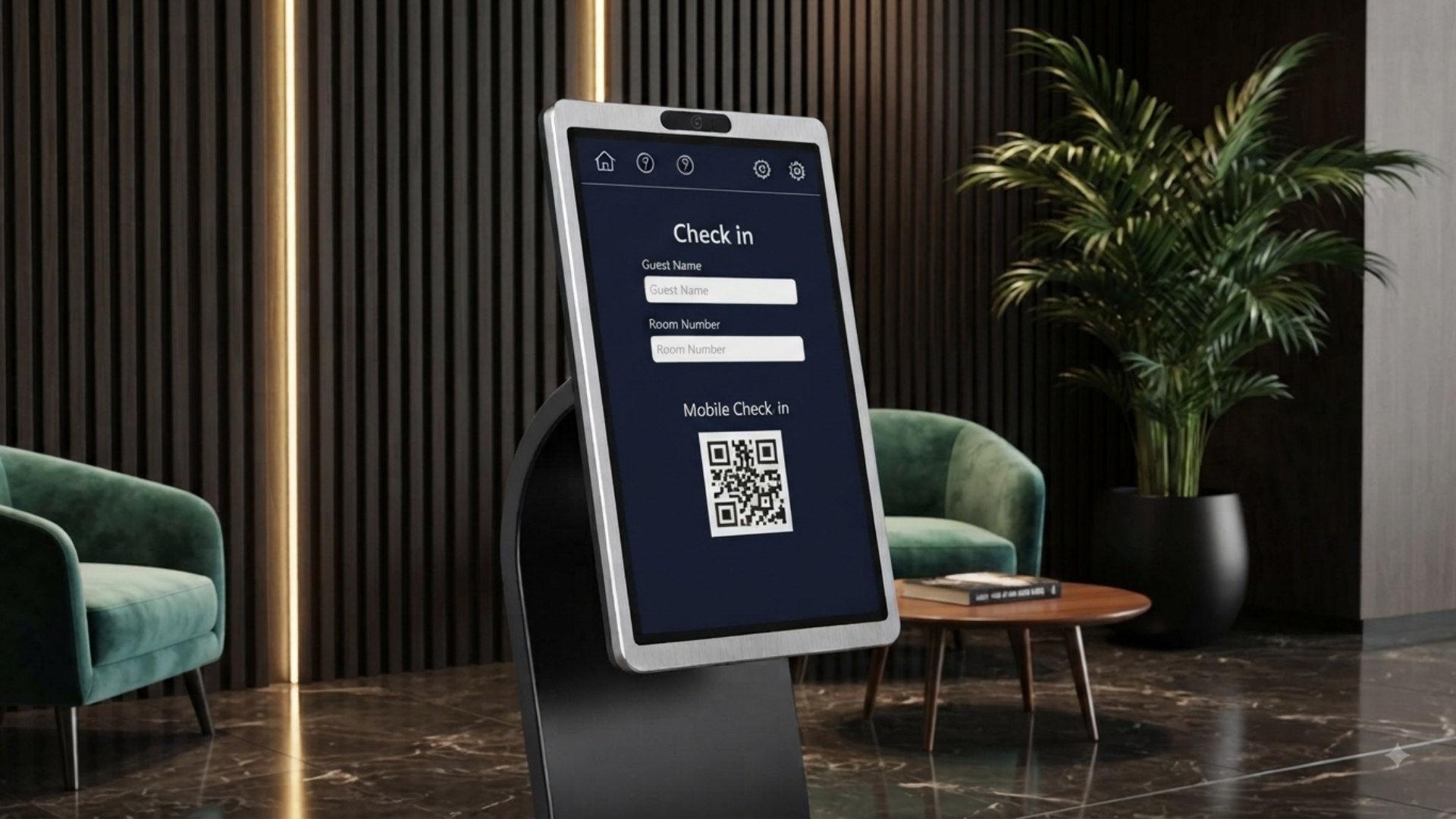 Hotel lobby kiosk with guest check-in screen