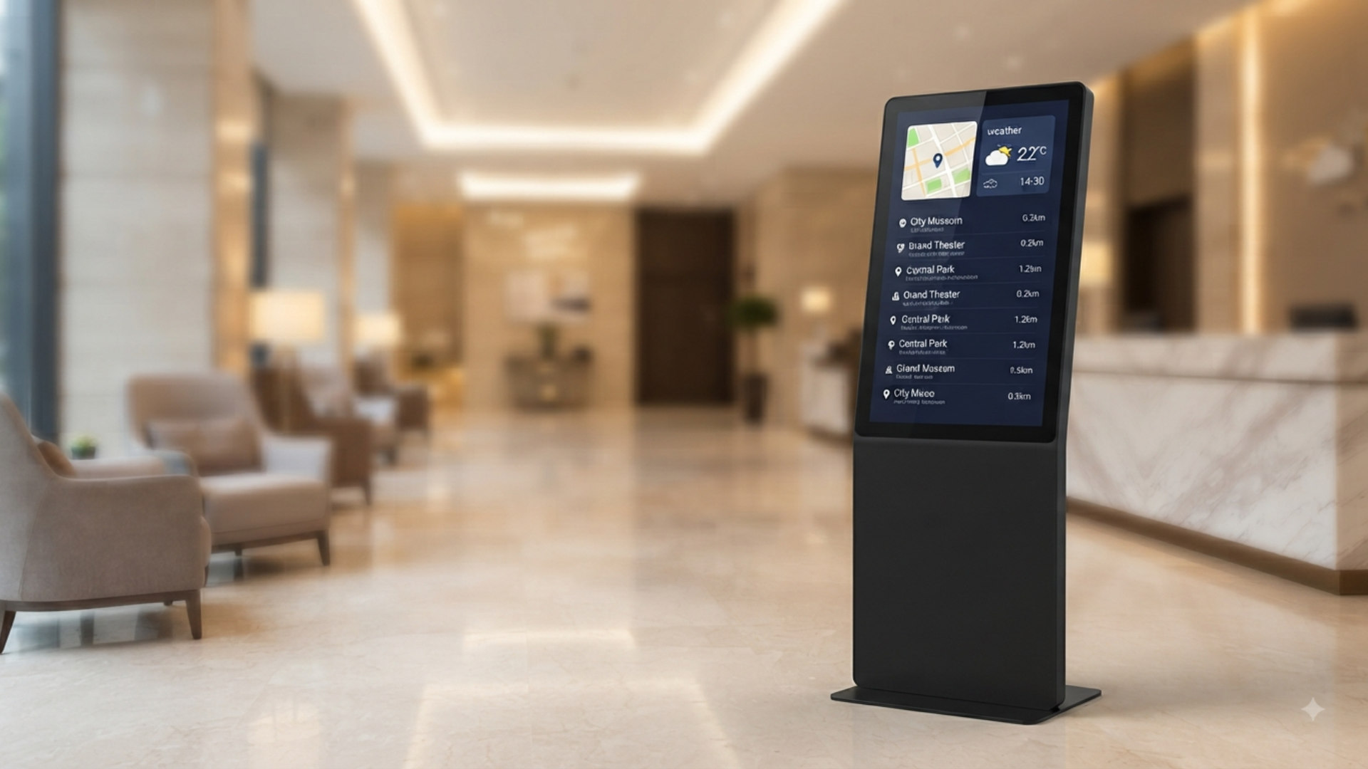 Hotel lobby kiosk showing local weather and nearby points of interest