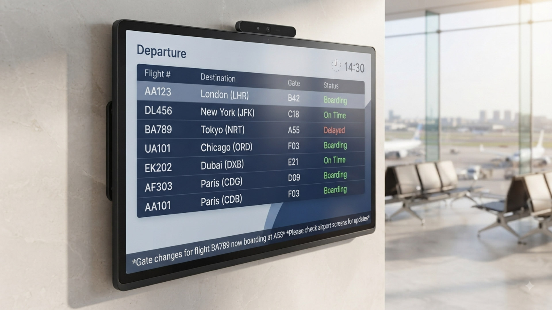 Digital departure board signage in an airport terminal