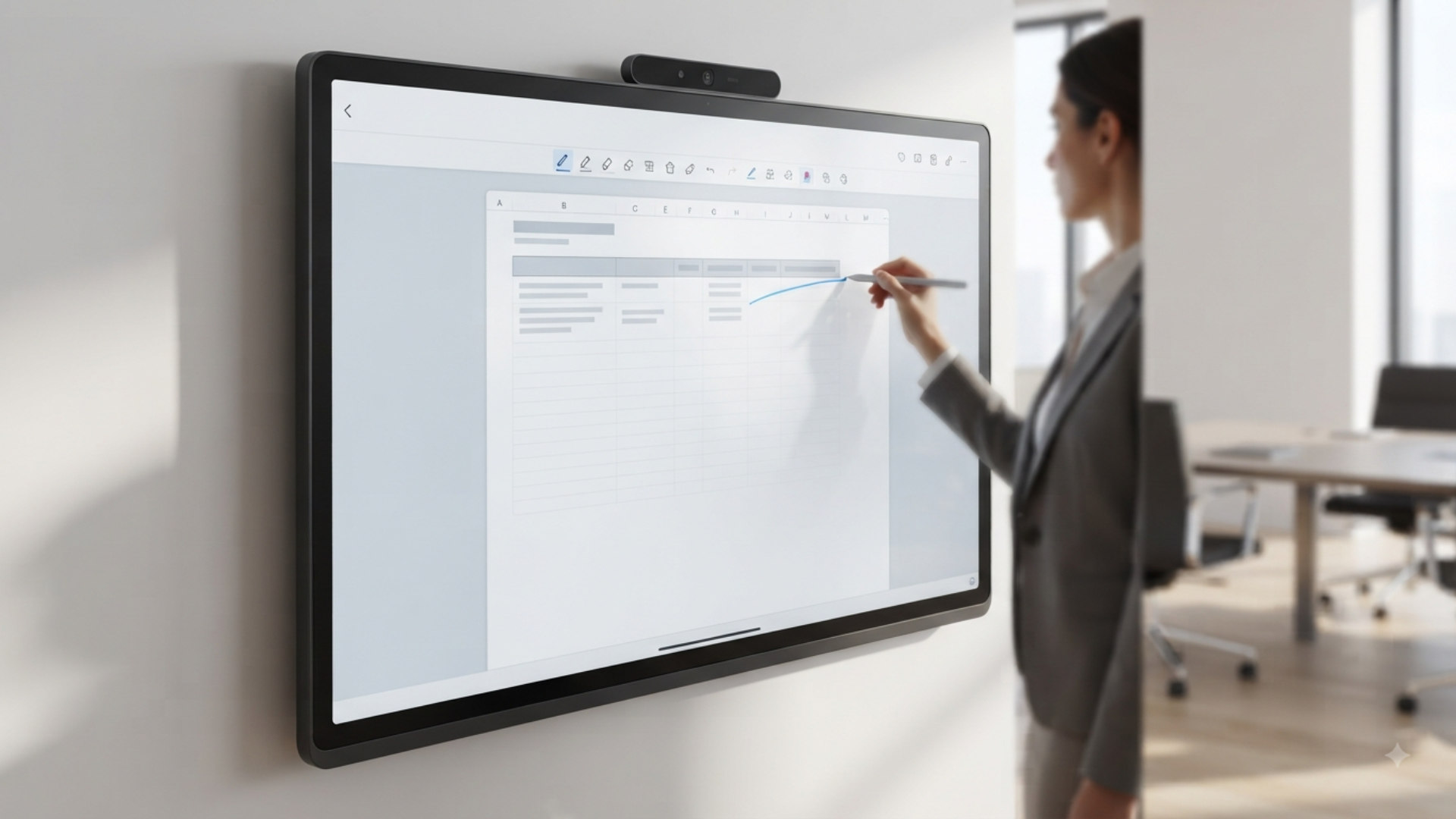 Person annotating a spreadsheet on an interactive panel with a stylus
