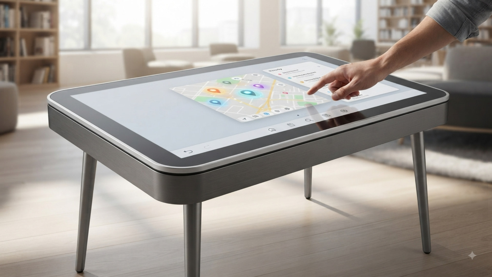 Interactive coffee table displaying a map and location app