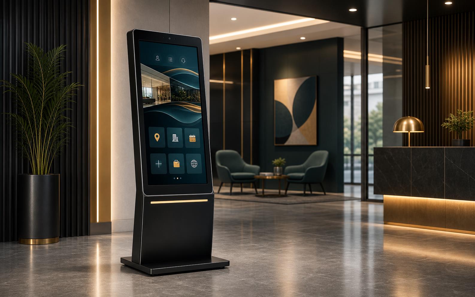 EduPanels self-service kiosk family in retail and lobby settings