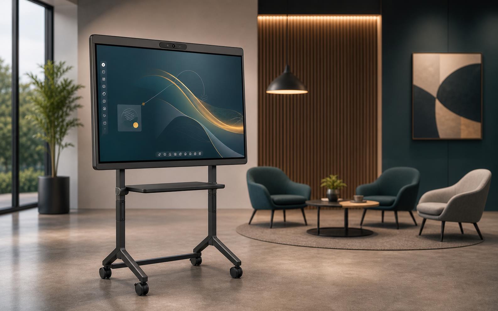 Portable smart display on a rolling stand in a modern workspace